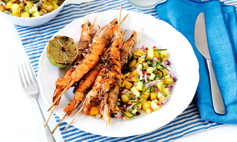 Jerk prawns with pineapple salsa