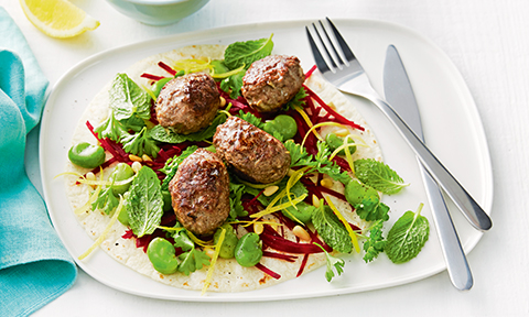 Lamb koftas with beetroot tabouli