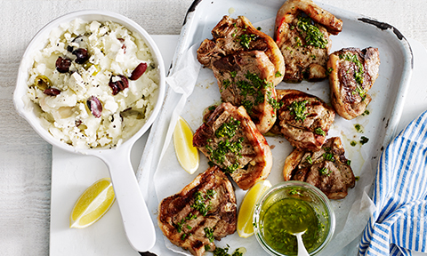 Lamb loin chops with Greek salsa verde and creamy olive and feta mash