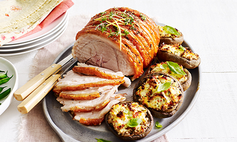 Lemon and thyme roast pork with ricotta stuffed mushrooms