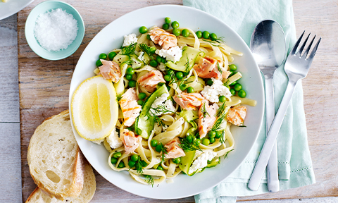 Lemony salmon pasta with spring vegetables and ricotta