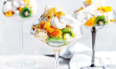 Mango and passionfruit Eton mess smashed pavlovas