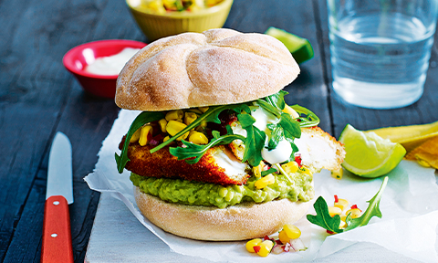 Mexican chicken burgers with corn salsa and lime aioli