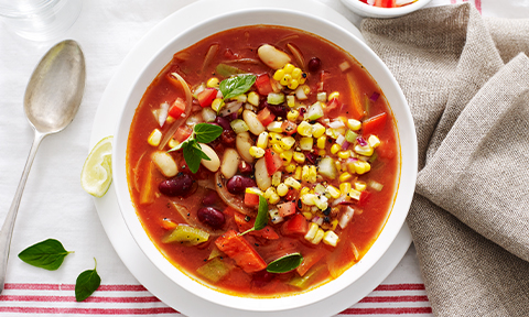 Mexican mixed bean soup with corn salsa