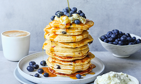 Michael Weldon’s Fluffy ricotta and blueberry pancakes with maple syrup