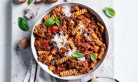 Curtis Stone's mushroom bolognese with spiral pasta