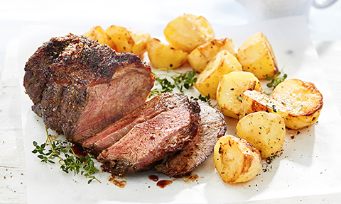 Mustard and black pepper beef with roast potatoes