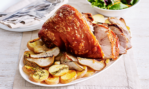 One-dish pork roast with potato and pear