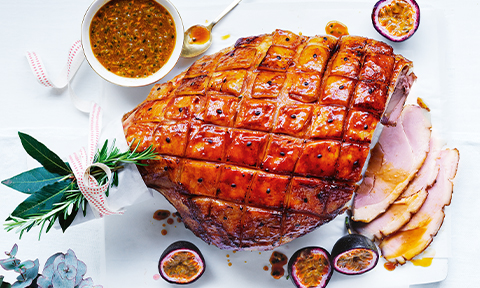 Passionfruit palm sugar glazed Christmas ham
