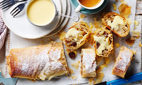 Curtis Stone's pear and sultana strudel with ginger-vanilla custard sauce