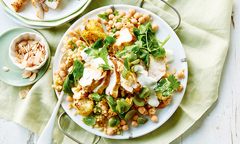 Pearl couscous and cauliflower salad with spiced chicken