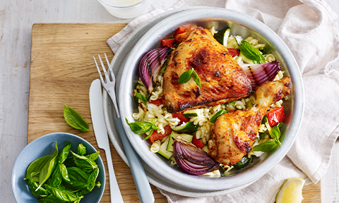 Peri-peri chicken with grilled vegetable and pasta salad