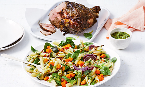 Pesto lamb leg with roast vegetable pasta salad