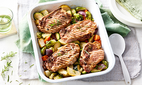 Pork chops with maple-roasted vegetables
