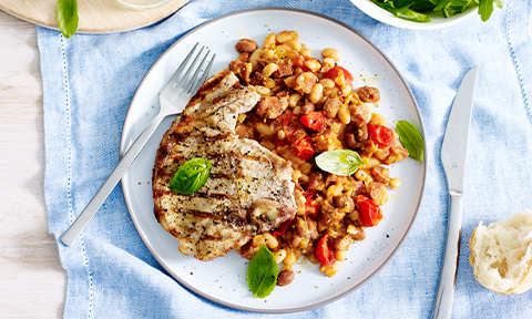 Pork loin chops with smoky baked beans