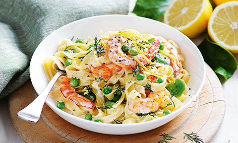 Prawn, lemon and broad bean fettuccine