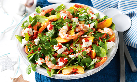 Prawn, peach and goat’s cheese salad