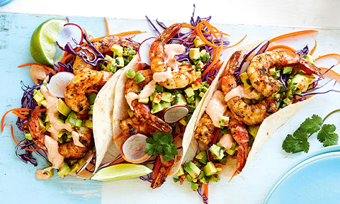 Prawn tacos with lime-avocado salsa