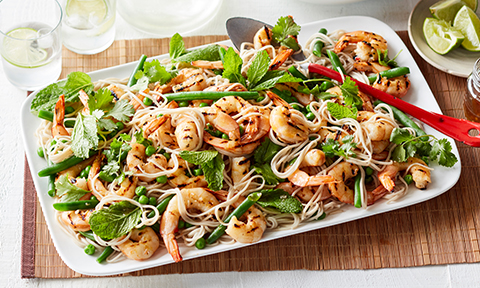 Prawns with soba noodles and beans