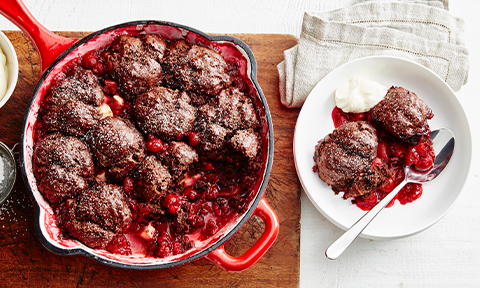 Raspberry, apple and chocolate cobbler