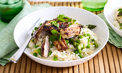 Risotto primavera with lemon and herb chicken