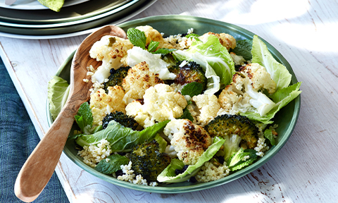 Roast cauliflower, broccoli and grain salad