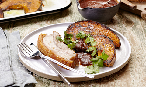 Roast pork belly adobo and Kent pumpkin