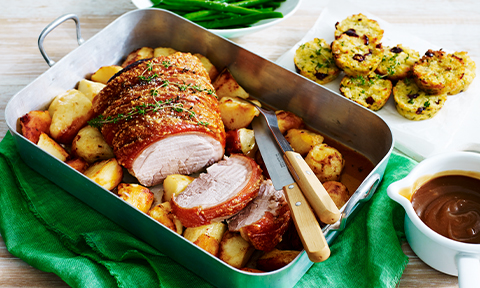 Roast pork with pear and cranberry stuffing cups