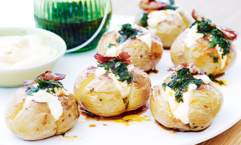 Roasted baby potatoes with aioli and pancetta