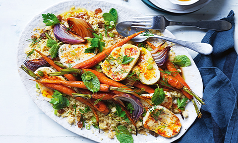 Roasted Carrots with Couscous and Haloumi