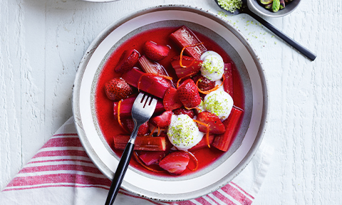 Roasted strawberries and rhubarb with coconut cream