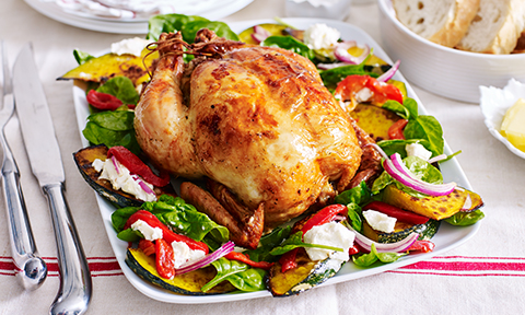 Sage and onion roast chicken with maple pumpkin salad