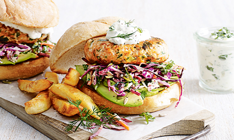 Salmon and dill burgers with kale coleslaw