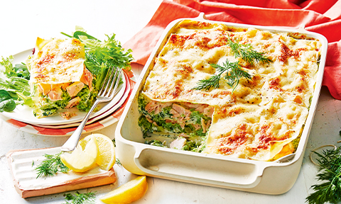 Salmon and pea lasagne