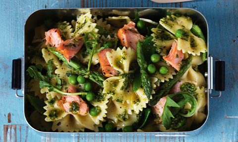 Salmon and pea pasta salad