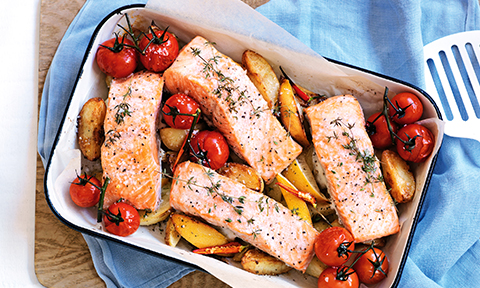 Salmon and potato tray bake