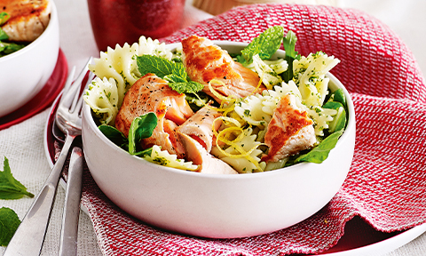Salmon farfalle with mint and almond pesto
