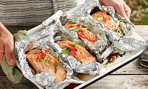 Salmon parcels with silverbeet and mushrooms