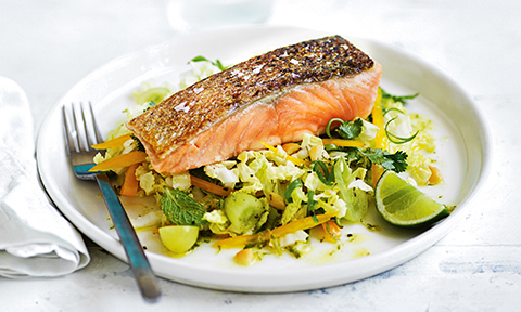 Salmon with crunchy slaw and macadamias