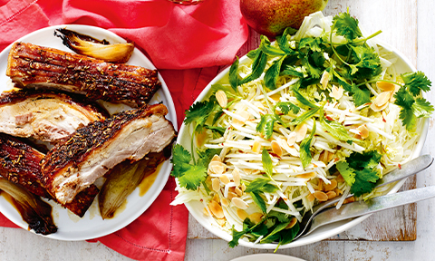 Slow-roasted pork belly with pear coleslaw