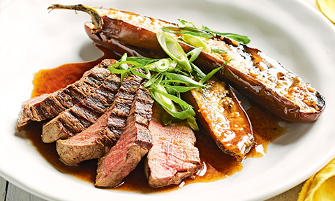 Soy-soaked beef fillet with miso eggplant