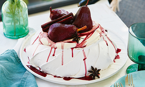 Spiced pavlova with poached pears
