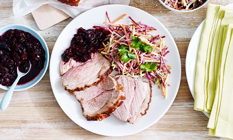 Spiced roast pork with cherry sauce