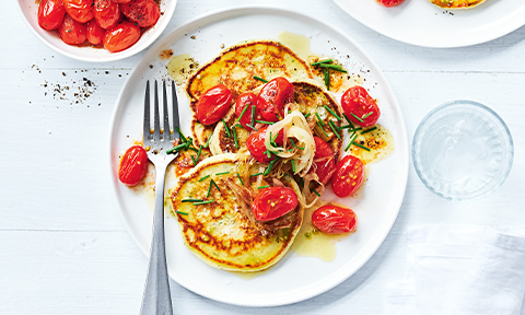Stephanie Alexander’s Herbed buttermilk pancakes with ‘burst’ tomatoes