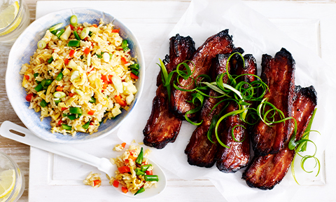 Sticky char siu pork spare ribs with quick fried rice