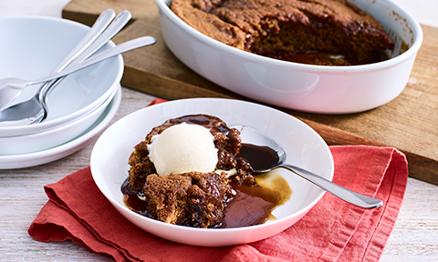 Sticky date self-saucing pudding with ginger caramel sauce