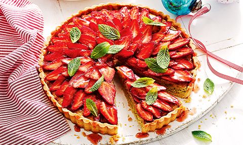 Strawberry and pistachio tart