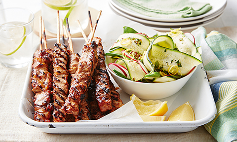 Sweet Barbecued Chicken Kebabs with Spring Salad