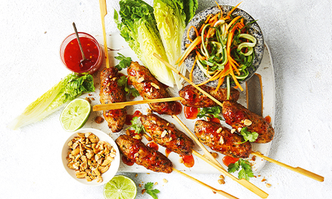 Thai-style chicken skewers with pickled cucumber salad