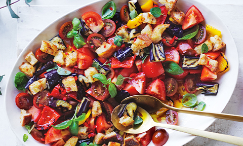 Tomato Bread Salad with BBQ Eggplant and Capsicum